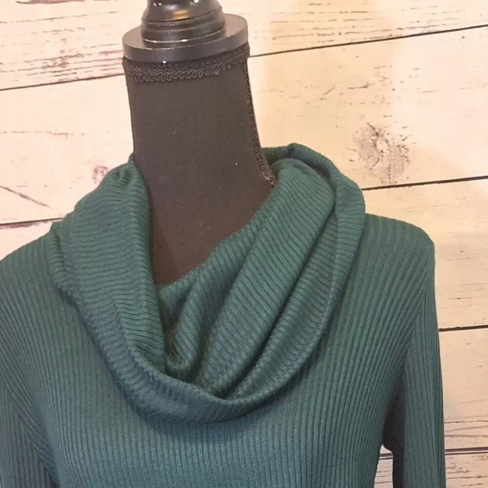 NWT Nine Britton Ribbed Cowl Neck Dark Green Sweater Dress sz.L  #1469